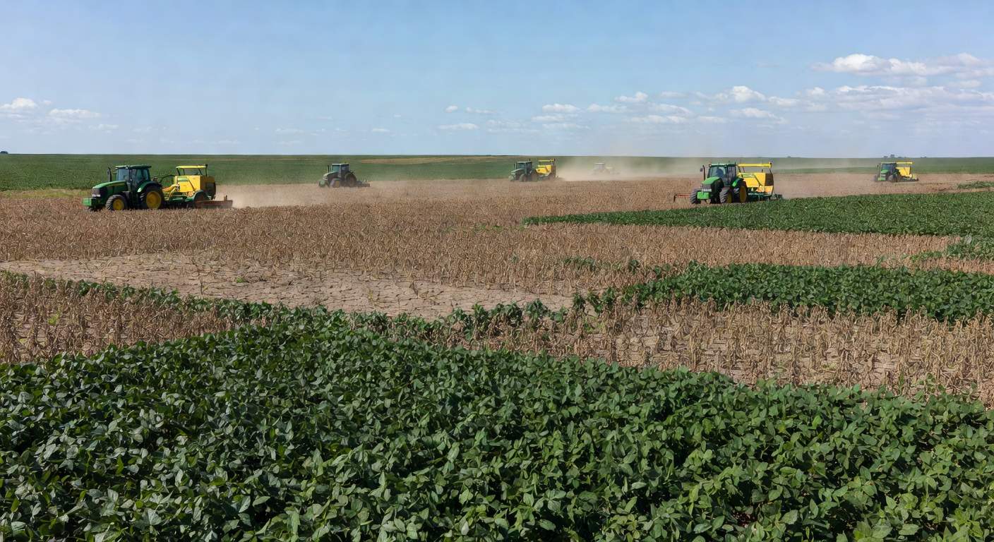 Plantação de soja no Brasil com áreas de perdas na colheita, vista ampla de lavoura no Centro-Oeste.