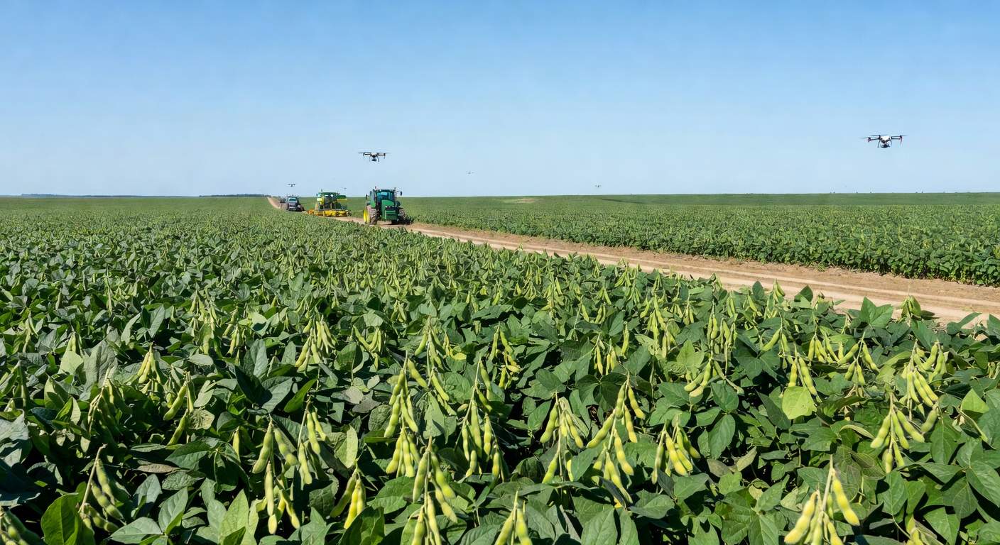 Plantação de soja sustentável no Brasil com tecnologias inovadoras da Embrapa durante Dia de Campo.