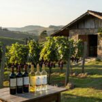 Vinhedos no Vale dos Vinhedos, Brasil, com parreiras de uvas e garrafas de vinho sul-americano premiado.