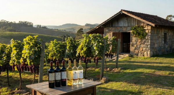 Vinhedos no Vale dos Vinhedos, Brasil, com parreiras de uvas e garrafas de vinho sul-americano premiado.