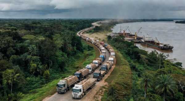Filas de caminhões com soja no Porto de Miritituba durante pico da safra, vista do rio Tapajós no Pará.