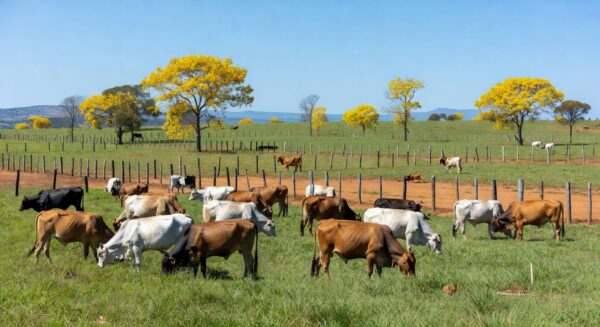 Rebanho de bois gordos em pastagem de fazenda no interior de São Paulo, representando alta no preço do boi gordo.