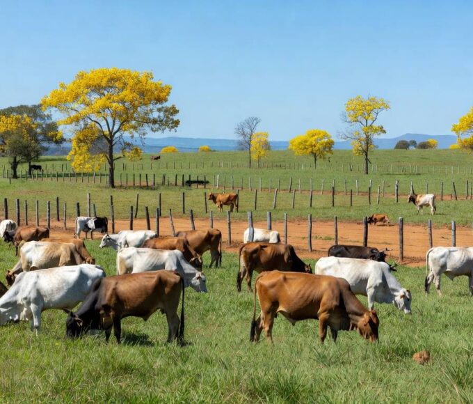 Rebanho de bois gordos em pastagem de fazenda no interior de São Paulo, representando alta no preço do boi gordo.