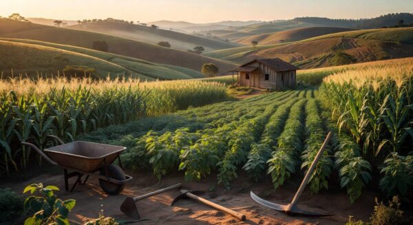 Campo de cultivo em propriedade rural brasileira, representando agricultura familiar e crédito rural facilitado.