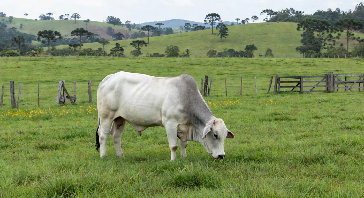 Touro Nelore em fazenda brasileira, representando liderança em pecuária e vendas de sêmen no Brasil.