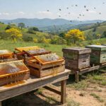 Apiário brasileiro com colmeias e caixas de mel, representando exportações para os EUA após fim de tarifa.