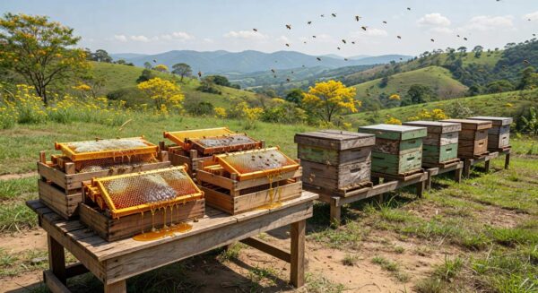Apiário brasileiro com colmeias e caixas de mel, representando exportações para os EUA após fim de tarifa.