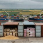 Porto brasileiro com navios exportando soja e carne moída, representando comércio internacional do Brasil.