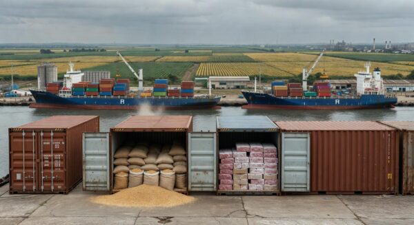 Porto brasileiro com navios exportando soja e carne moída, representando comércio internacional do Brasil.