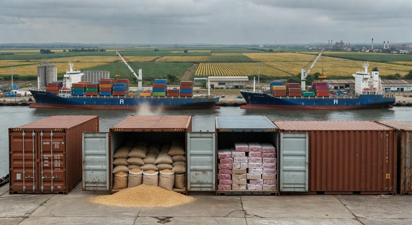 Porto brasileiro com navios exportando soja e carne moída, representando comércio internacional do Brasil.
