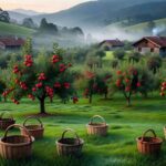 Pomar de maçãs no Sul do Brasil com frutas maduras e cestos vazios, ilustrando escassez de mão de obra na colheita.
