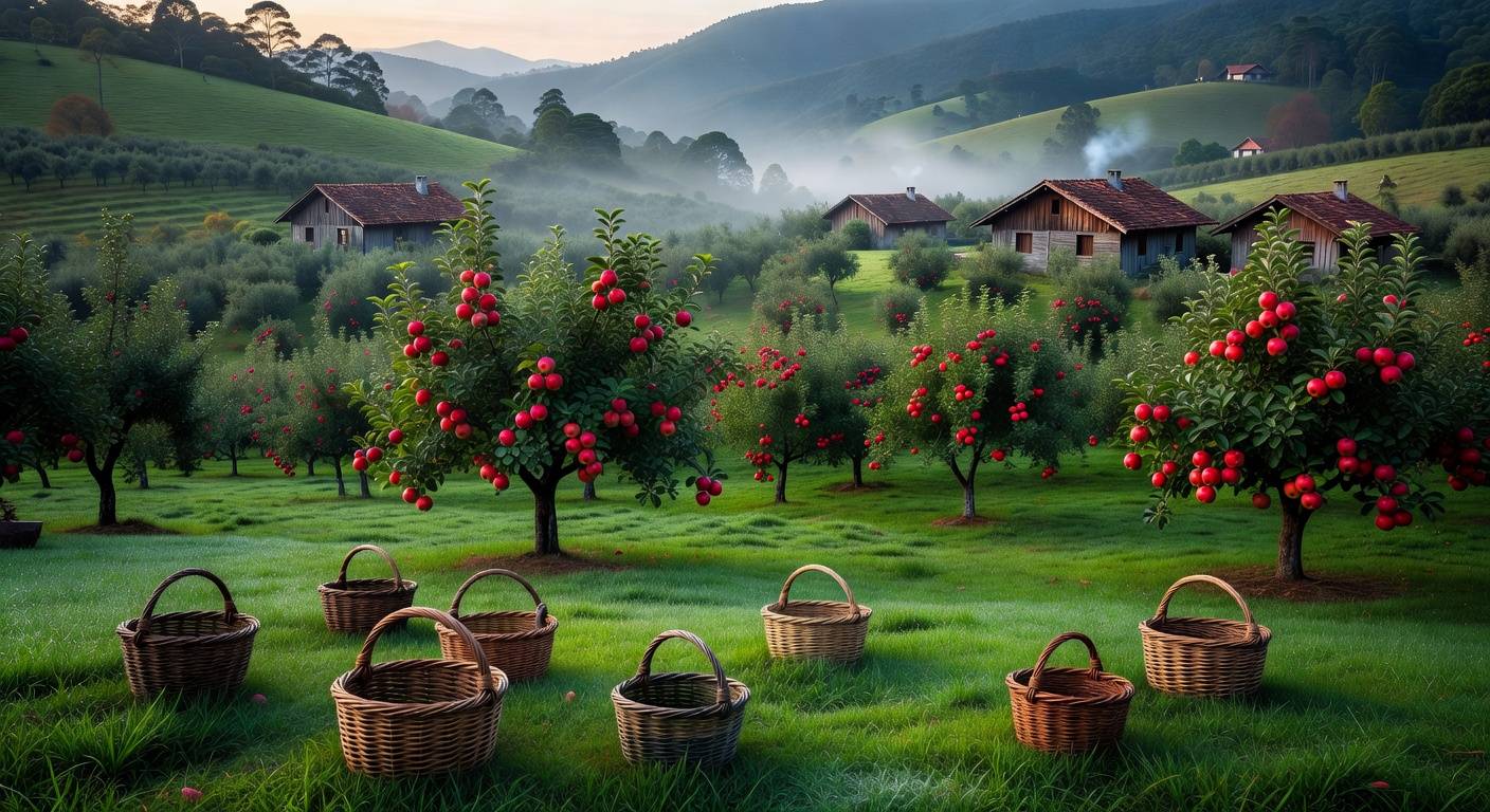 Pomar de maçãs no Sul do Brasil com frutas maduras e cestos vazios, ilustrando escassez de mão de obra na colheita.