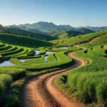 Campos de cultivo de arroz em terras altas de Minas Gerais, impulsionando a produção agrícola no Brasil.