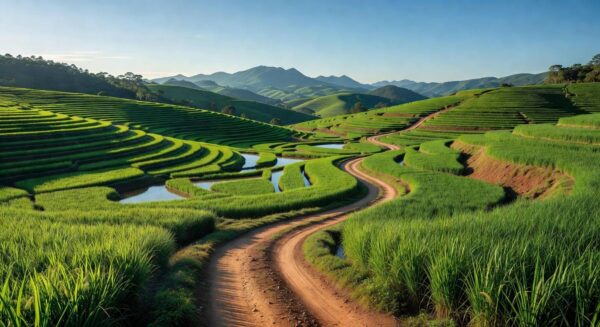 Campos de cultivo de arroz em terras altas de Minas Gerais, impulsionando a produção agrícola no Brasil.