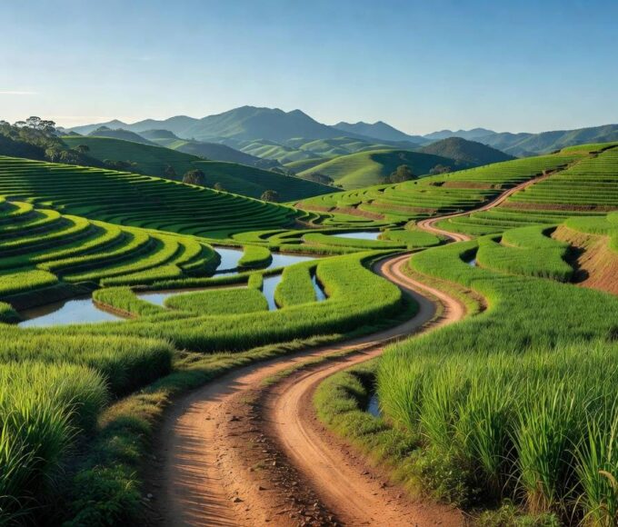 Campos de cultivo de arroz em terras altas de Minas Gerais, impulsionando a produção agrícola no Brasil.