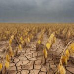 Lavoura de soja afetada por seca no Brasil, com solo rachado e plantas murchas.