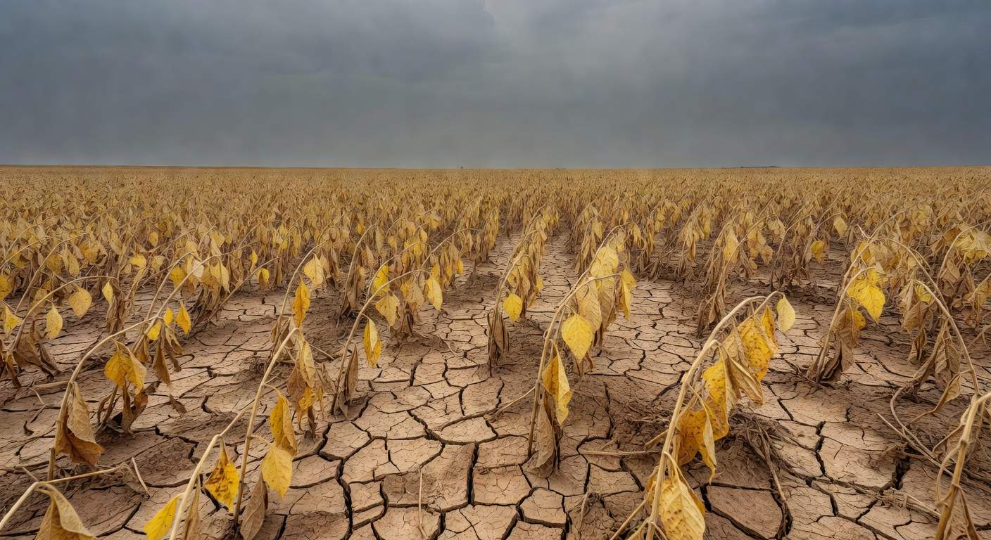 Lavoura de soja afetada por seca no Brasil, com solo rachado e plantas murchas.