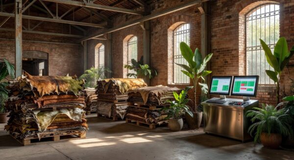 Fábrica de couros brasileira com tecnologia de IA para exportações sustentáveis no 13º Fórum de Sustentabilidade.