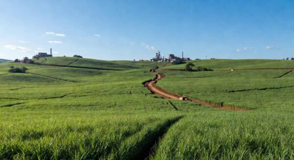 Campos de cana-de-açúcar no interior de SP, com usinas ao fundo, ilustrando expansão por demanda de etanol.