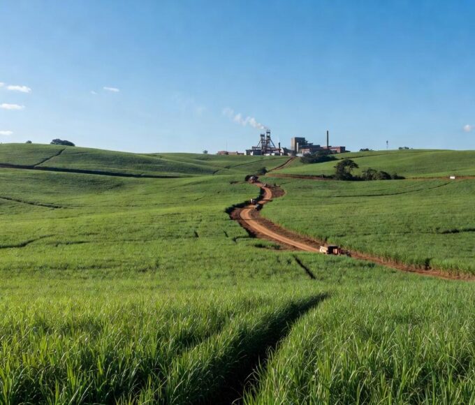 Campos de cana-de-açúcar no interior de SP, com usinas ao fundo, ilustrando expansão por demanda de etanol.