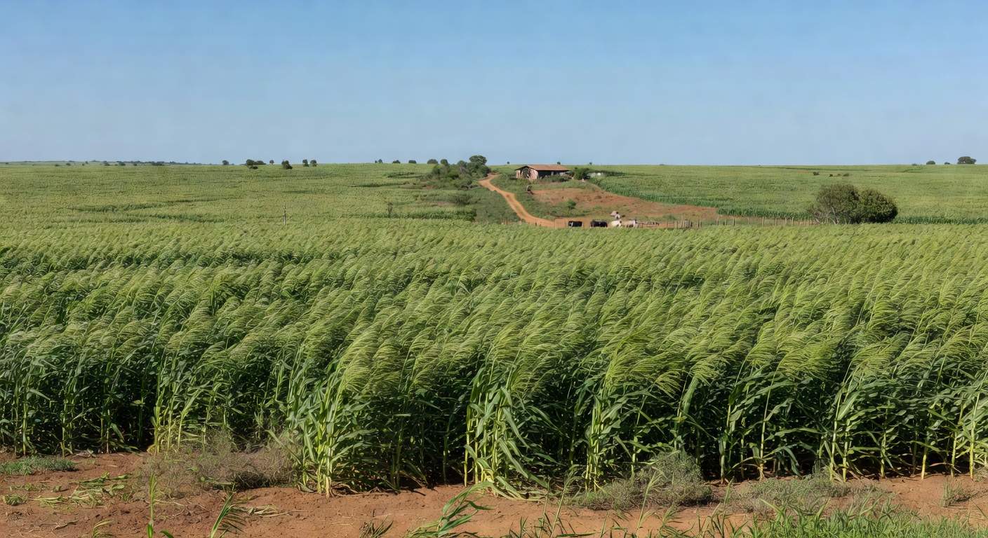Campo de sorgo forrageiro gigante BRS 716 em paisagem rural brasileira, lançamento da Embrapa para pecuária.