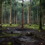 Plantação de seringueiras na Amazônia brasileira, representando crise na produção de borracha natural.
