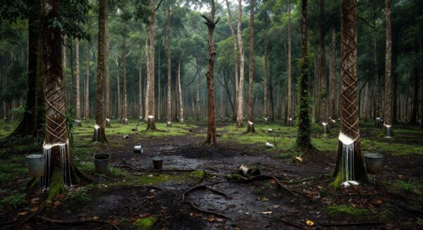 Plantação de seringueiras na Amazônia brasileira, representando crise na produção de borracha natural.