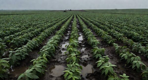 Campo de soja encharcado por chuvas intensas em Mato Grosso, paralisando a colheita e elevando riscos no agronegócio.