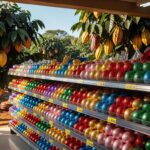 Prateleira de supermercado no Brasil com ovos de Páscoa caros e plantação de cacau ao fundo.