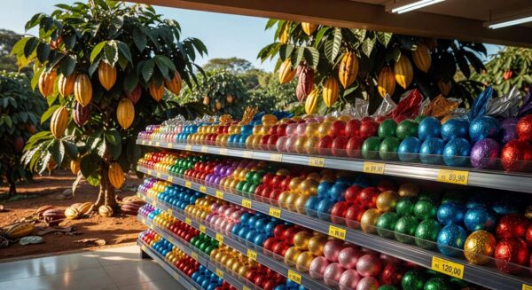 Prateleira de supermercado no Brasil com ovos de Páscoa caros e plantação de cacau ao fundo.