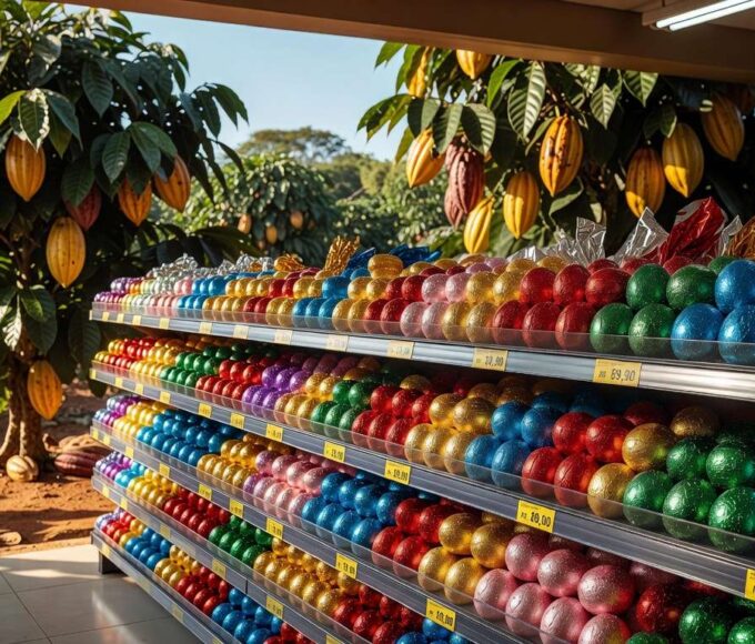 Prateleira de supermercado no Brasil com ovos de Páscoa caros e plantação de cacau ao fundo.