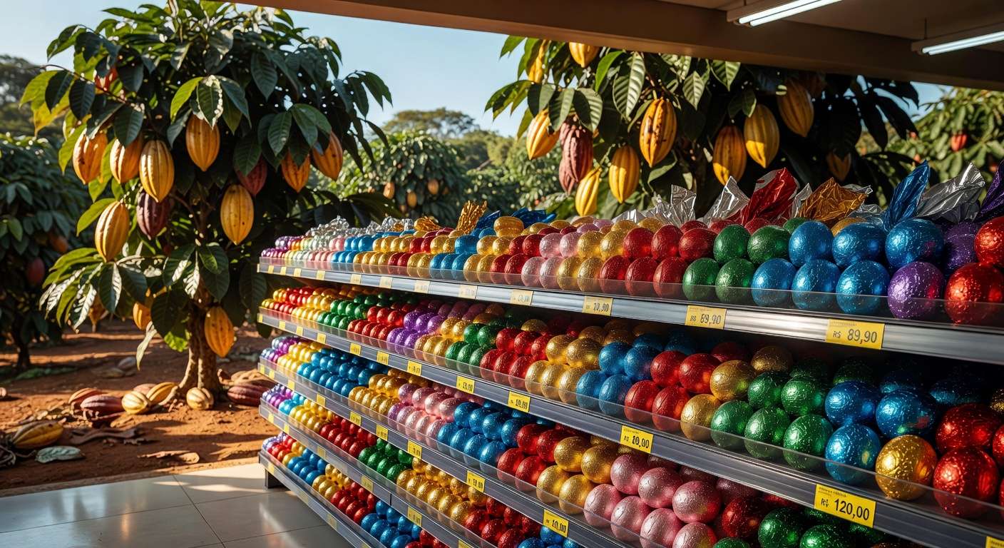 Prateleira de supermercado no Brasil com ovos de Páscoa caros e plantação de cacau ao fundo.