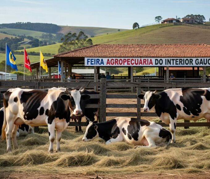 Vacas da raça Holandesa em pavilhão de exposição agropecuária no Rio Grande do Sul, Brasil, durante campeonato na Expoagro Cotricampo.