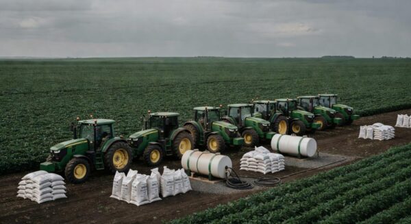 Plantação de soja no Brasil com tratores e fertilizantes, ilustrando alta nos preços de ureia e diesel devido a tensões internacionais.