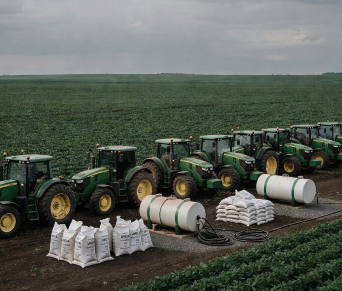 Plantação de soja no Brasil com tratores e fertilizantes, ilustrando alta nos preços de ureia e diesel devido a tensões internacionais.