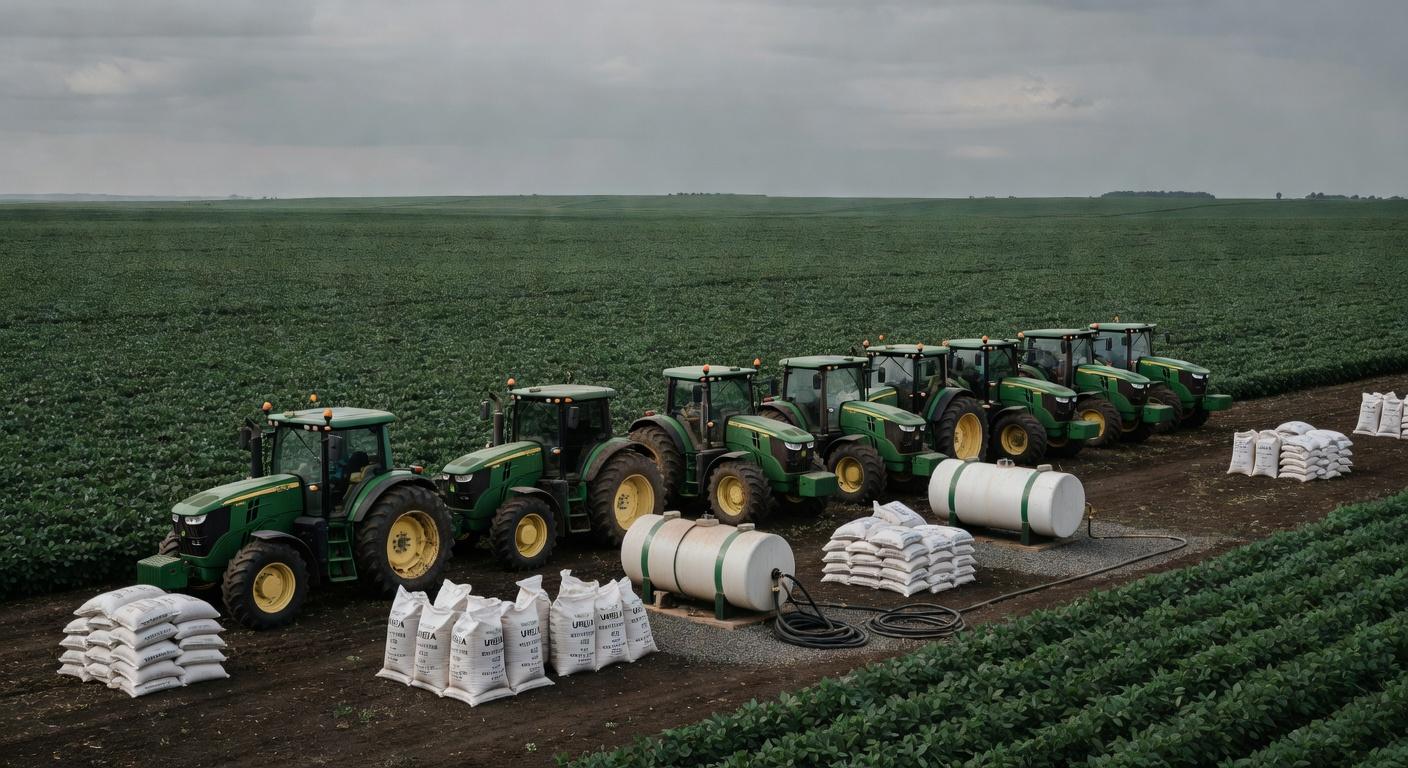 Plantação de soja no Brasil com tratores e fertilizantes, ilustrando alta nos preços de ureia e diesel devido a tensões internacionais.