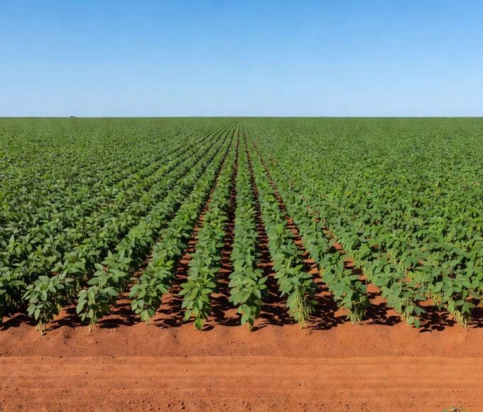 Plantação de soja no Brasil, com campos verdes sob céu azul, ilustrando queda nos preços em fevereiro de 2024 segundo Cepea.