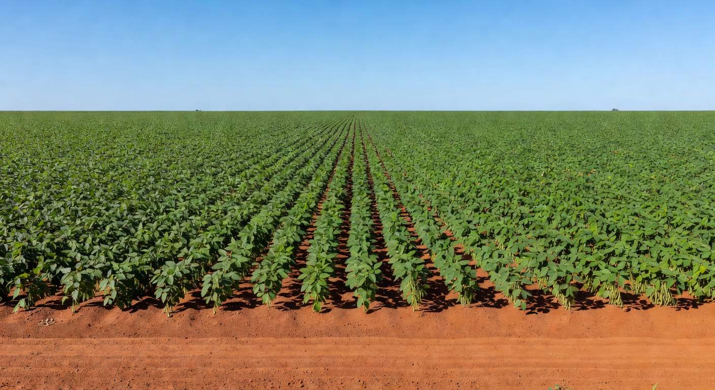 Plantação de soja no Brasil, com campos verdes sob céu azul, ilustrando queda nos preços em fevereiro de 2024 segundo Cepea.