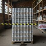 Latas de palmito em conserva interditadas em fábrica brasileira devido a irregularidades sanitárias pela Anvisa.