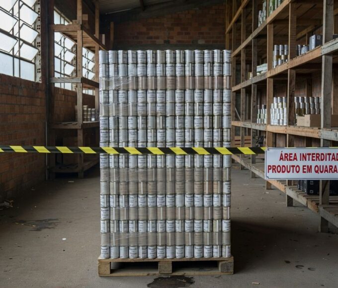 Latas de palmito em conserva interditadas em fábrica brasileira devido a irregularidades sanitárias pela Anvisa.