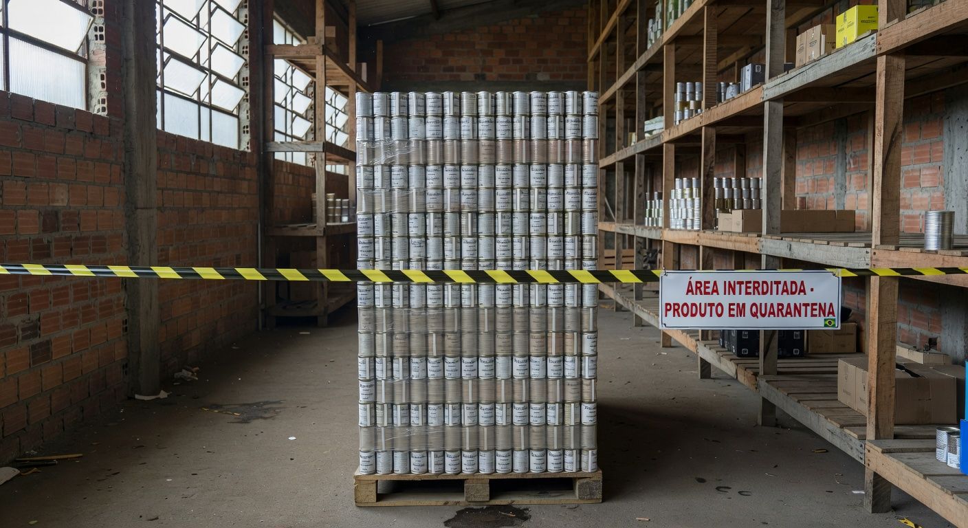 Latas de palmito em conserva interditadas em fábrica brasileira devido a irregularidades sanitárias pela Anvisa.