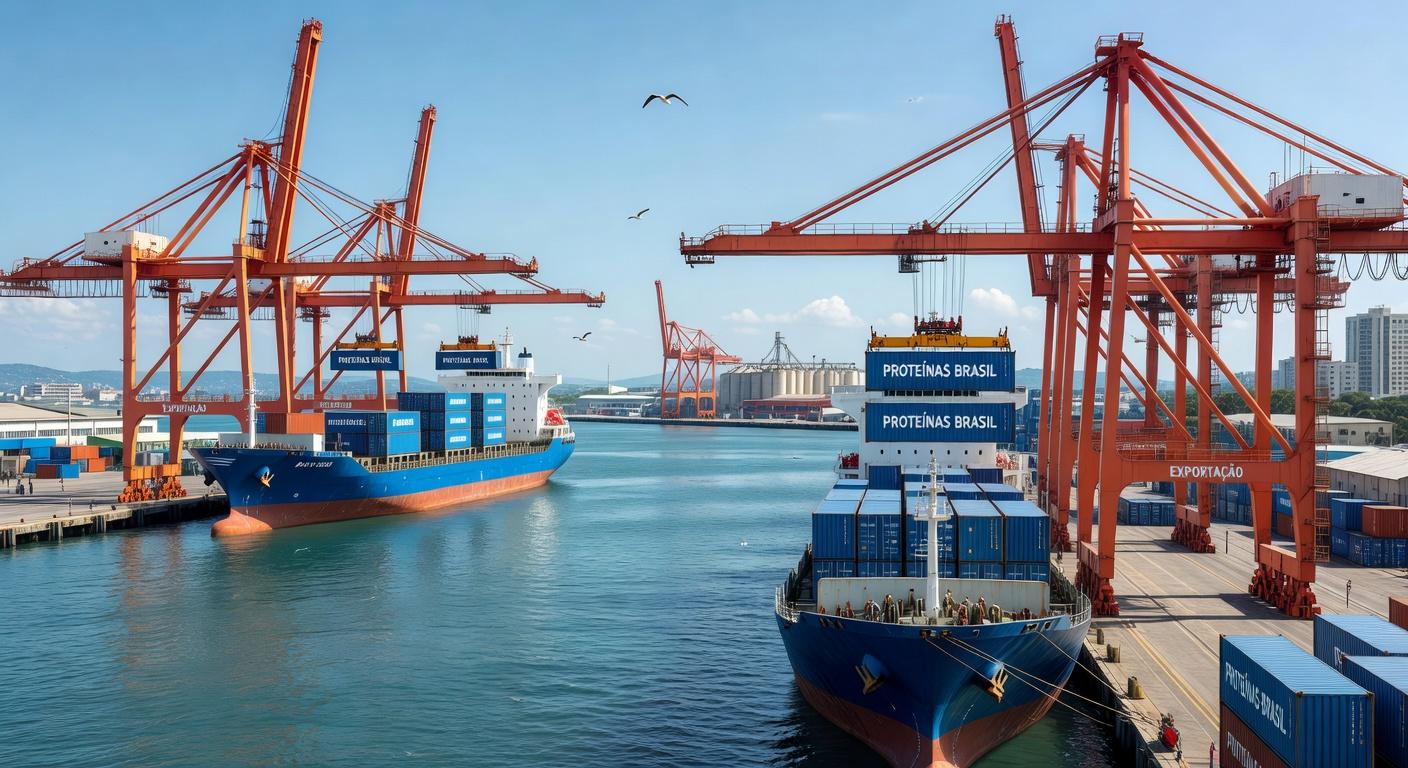 Porto brasileiro com navios de carga e contêineres para exportação de proteínas ao Oriente Médio, em meio a tensões no Mar Vermelho.