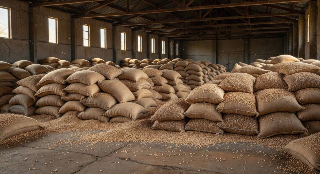 Sacos de feijão carioca empilhados em armazém de São Paulo, ilustrando preço recorde de R$ 541,67 por saco.