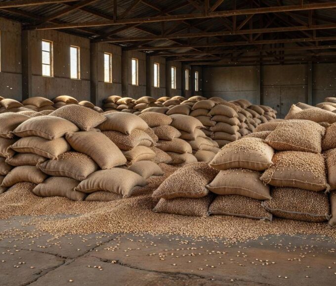 Sacos de feijão carioca empilhados em armazém de São Paulo, ilustrando preço recorde de R$ 541,67 por saco.