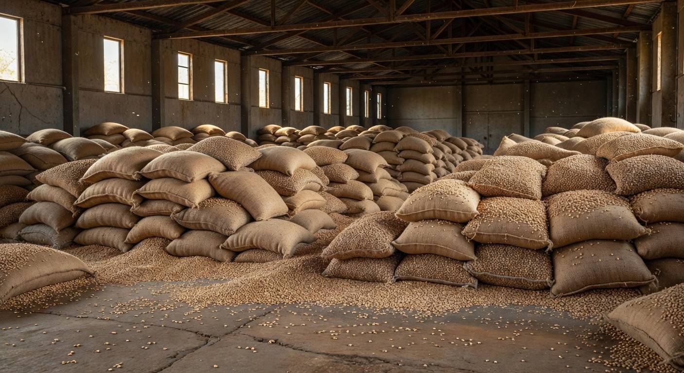 Sacos de feijão carioca empilhados em armazém de São Paulo, ilustrando preço recorde de R$ 541,67 por saco.