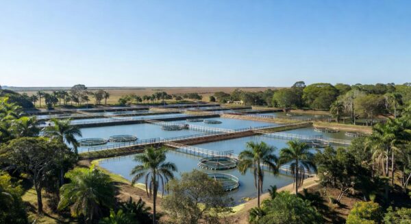Tanques de piscicultura no Brasil com produção recorde de peixes cultivados, águas calmas e vegetação tropical ao fundo.