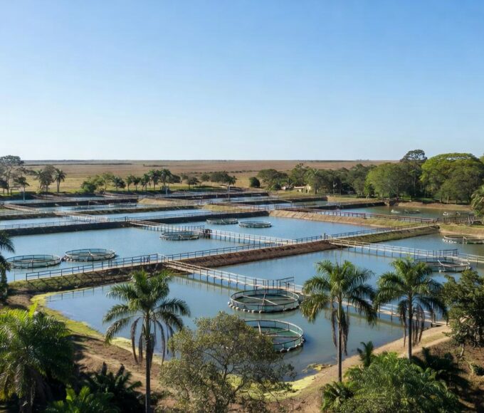 Tanques de piscicultura no Brasil com produção recorde de peixes cultivados, águas calmas e vegetação tropical ao fundo.