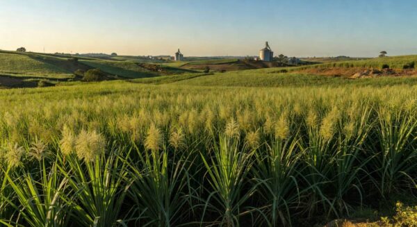 Plantação de cana-de-açúcar no Brasil, ilustrando previsão de superávit global de açúcar pela OIA.