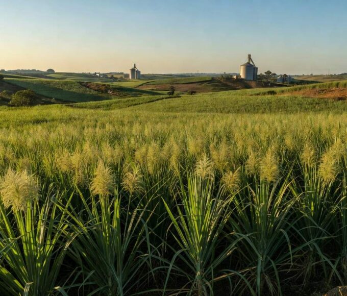 Plantação de cana-de-açúcar no Brasil, ilustrando previsão de superávit global de açúcar pela OIA.