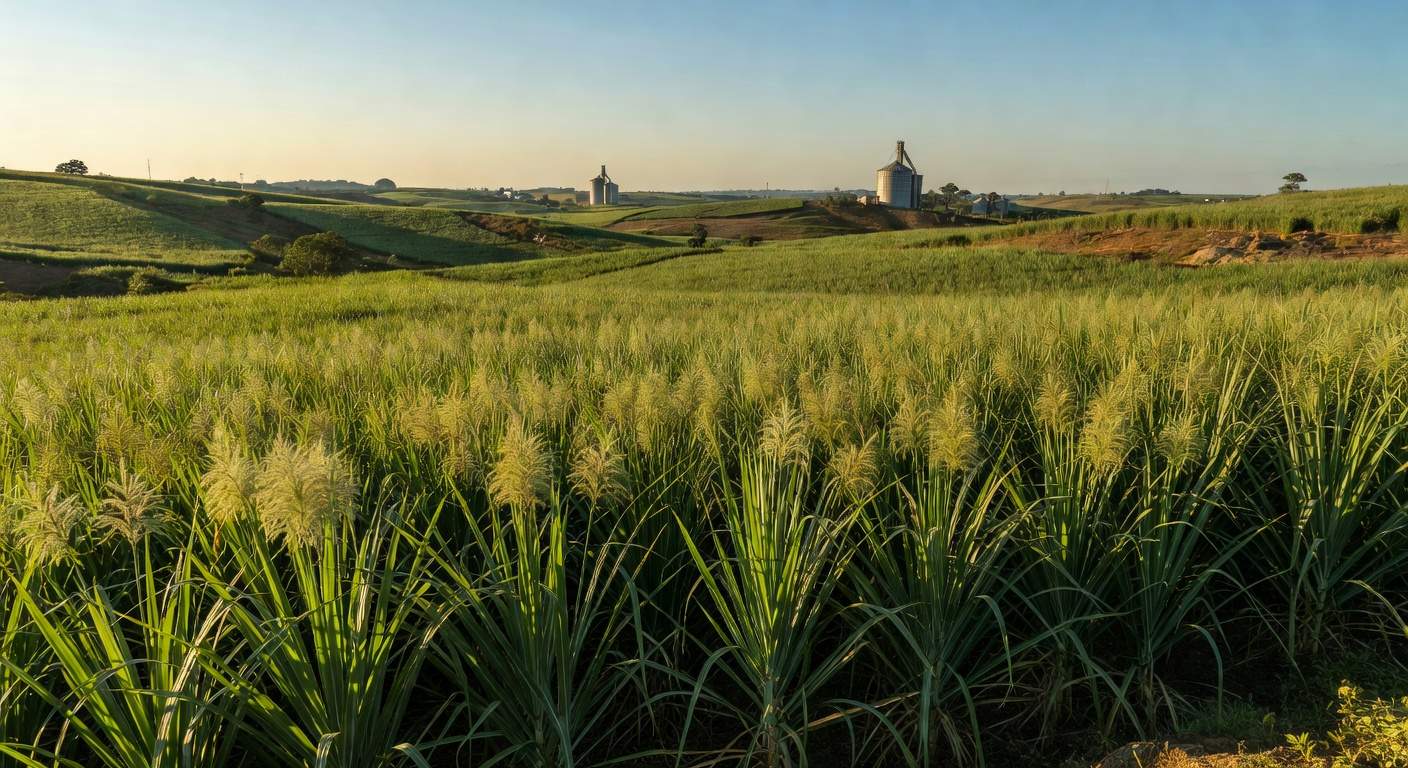 Plantação de cana-de-açúcar no Brasil, ilustrando previsão de superávit global de açúcar pela OIA.